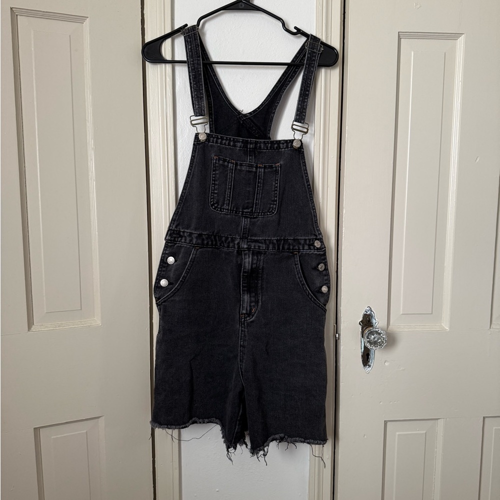 Black Washed Denim Shorts Overalls